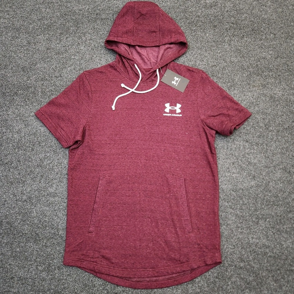 Under Armour Men's Small Maroon Red Rival Terry Short Sleeve Hoodie Pullover NEW